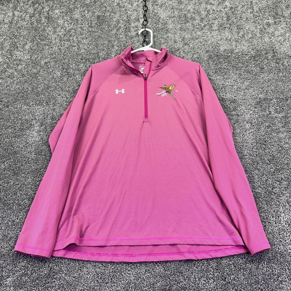 Under Armour Shirt Mens XL Pink Striped HeatGear 1/4 Zip Golf Pullover Pheasant